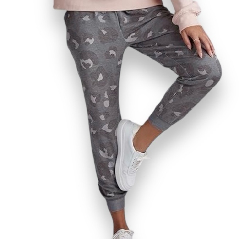 MUD PIE Fanning French Terry Grey Leopard Print Joggers Comfy Lounge Pants
